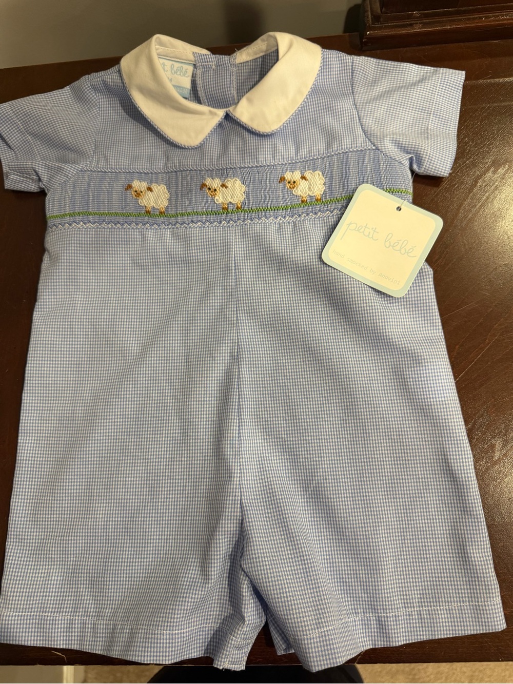 Petit Bebe Light Blue Gingham One-Piece with Sheep Smocking